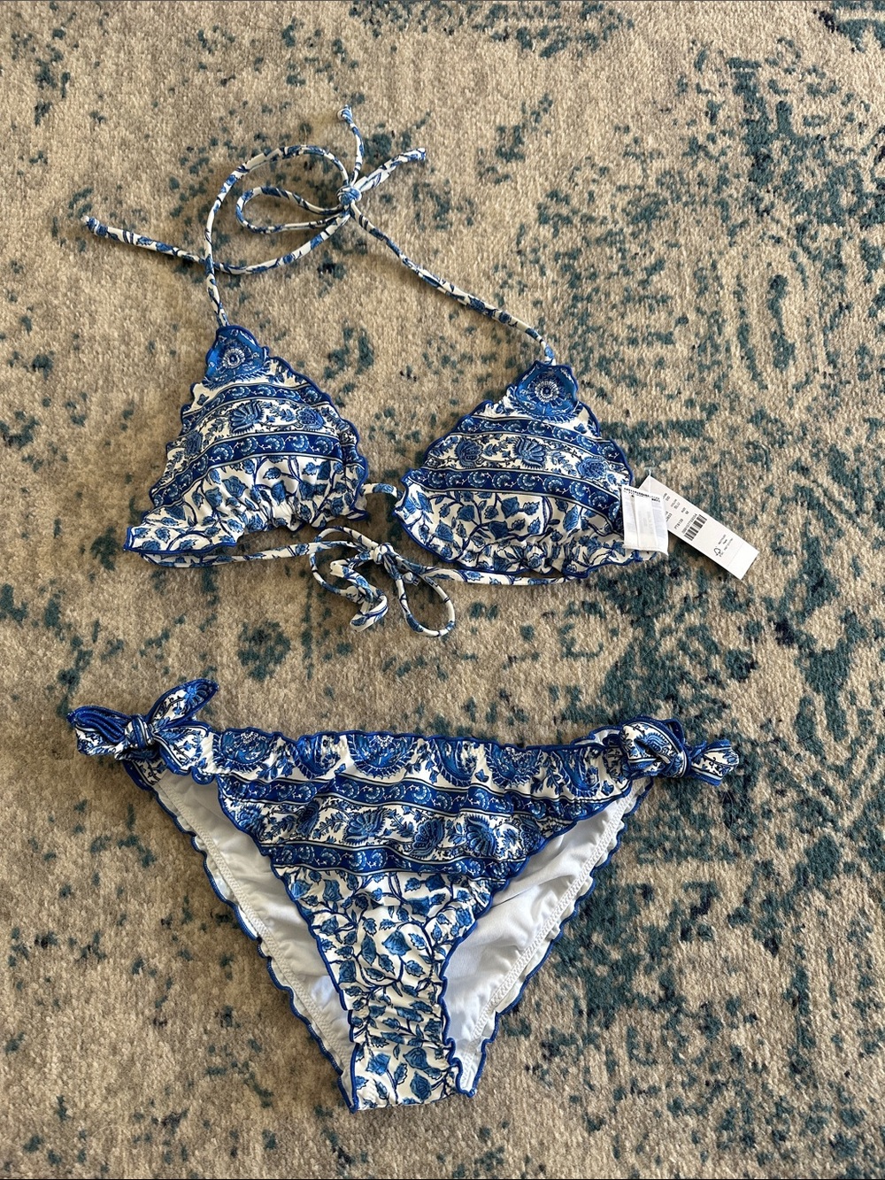 NWT J Crew Swim Ruffle-trim string bikini bottom and top in bandana block print